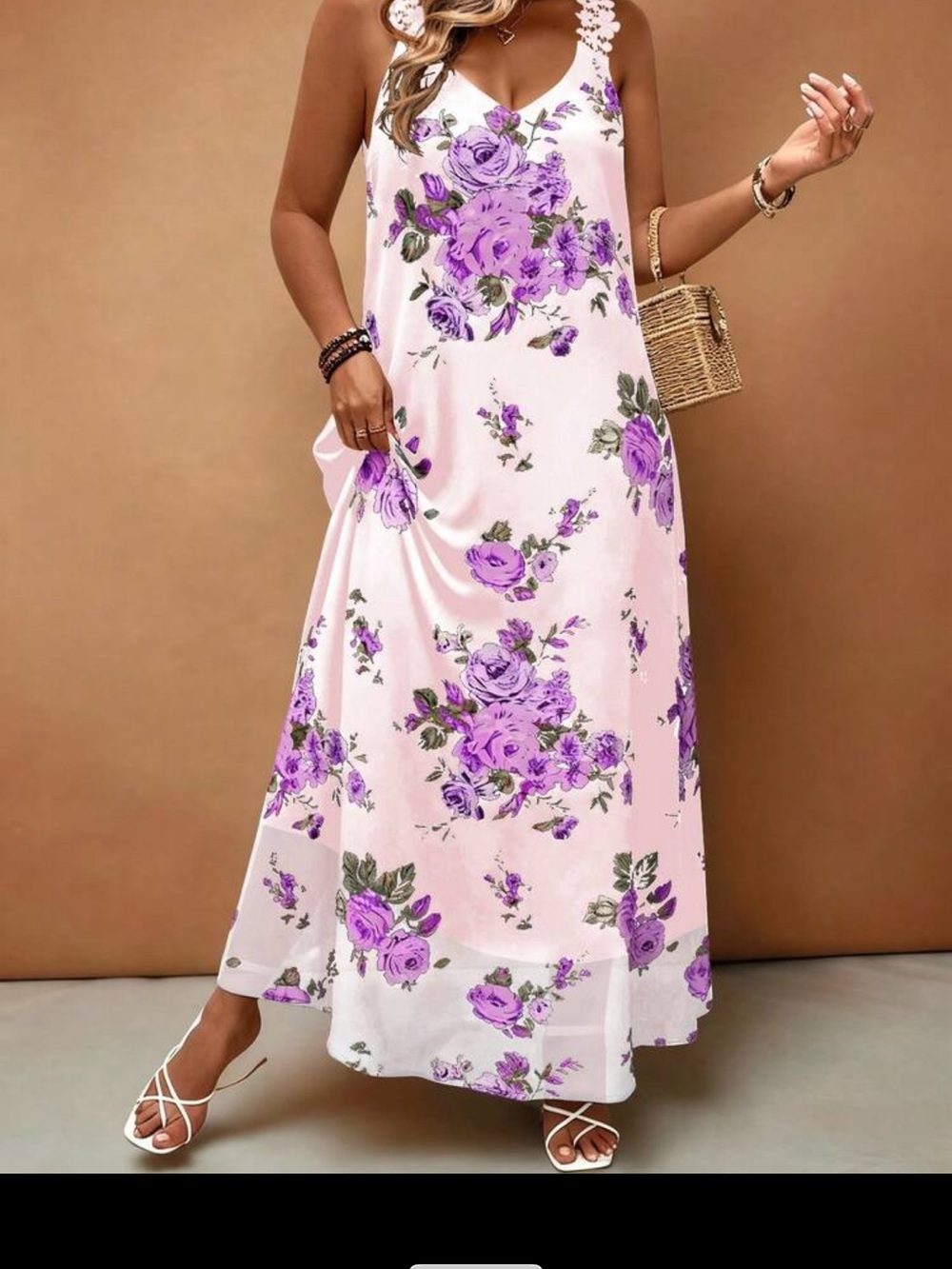 Brand new women’s Floral Lace-Trim Maxi Dress - Pink with Purple Roses size 1XL